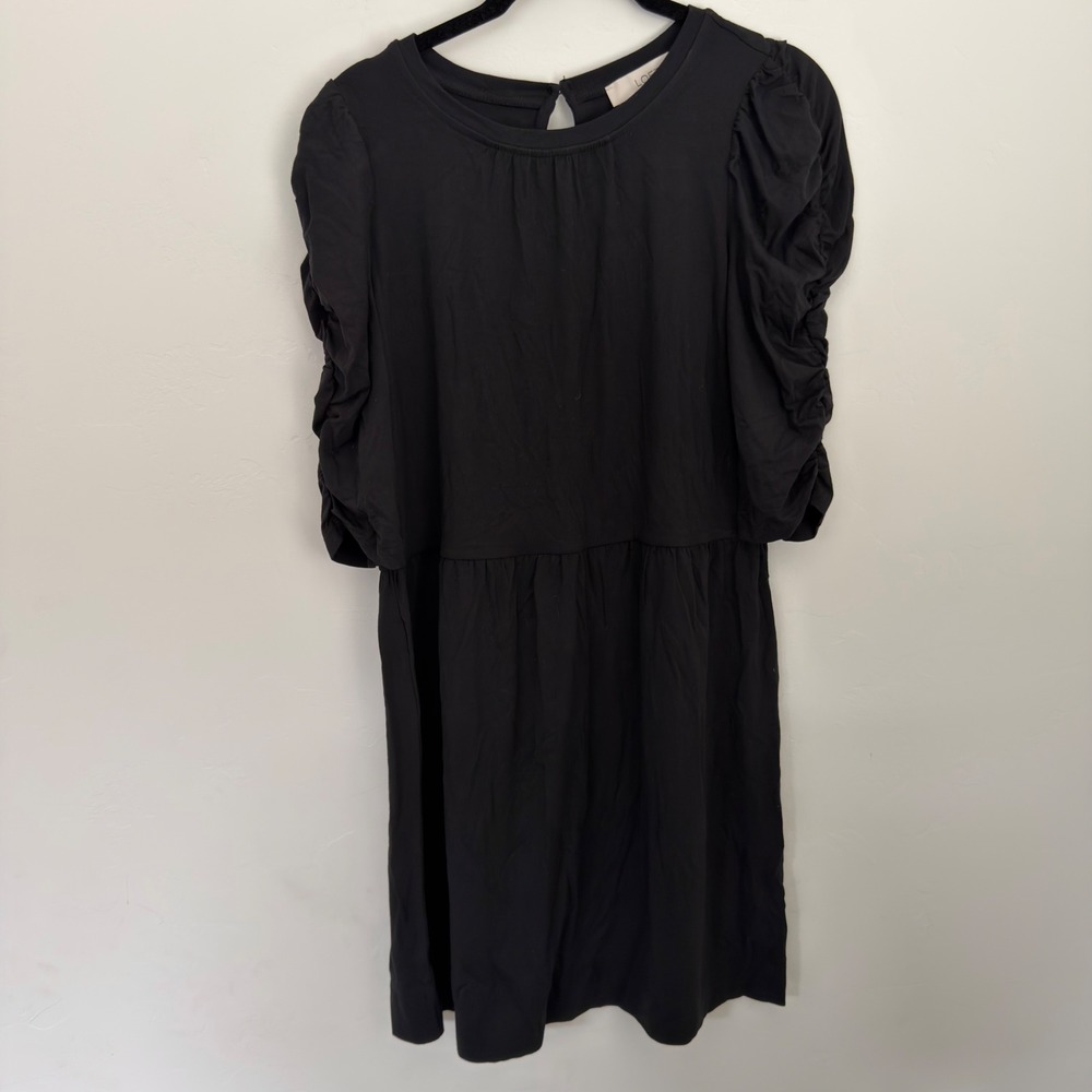 LOFT Black Ruched Puff Sleeve Tiered Babydoll Mini Dress NWT Size S 35240945